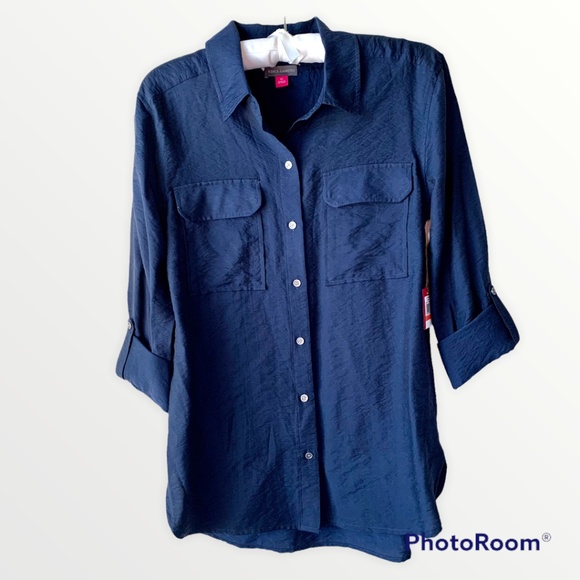 Vince Camuto Navy Button Up Long Sleeve Shirt with Rollup Sleeves XS  NWT - Picture 1 of 15